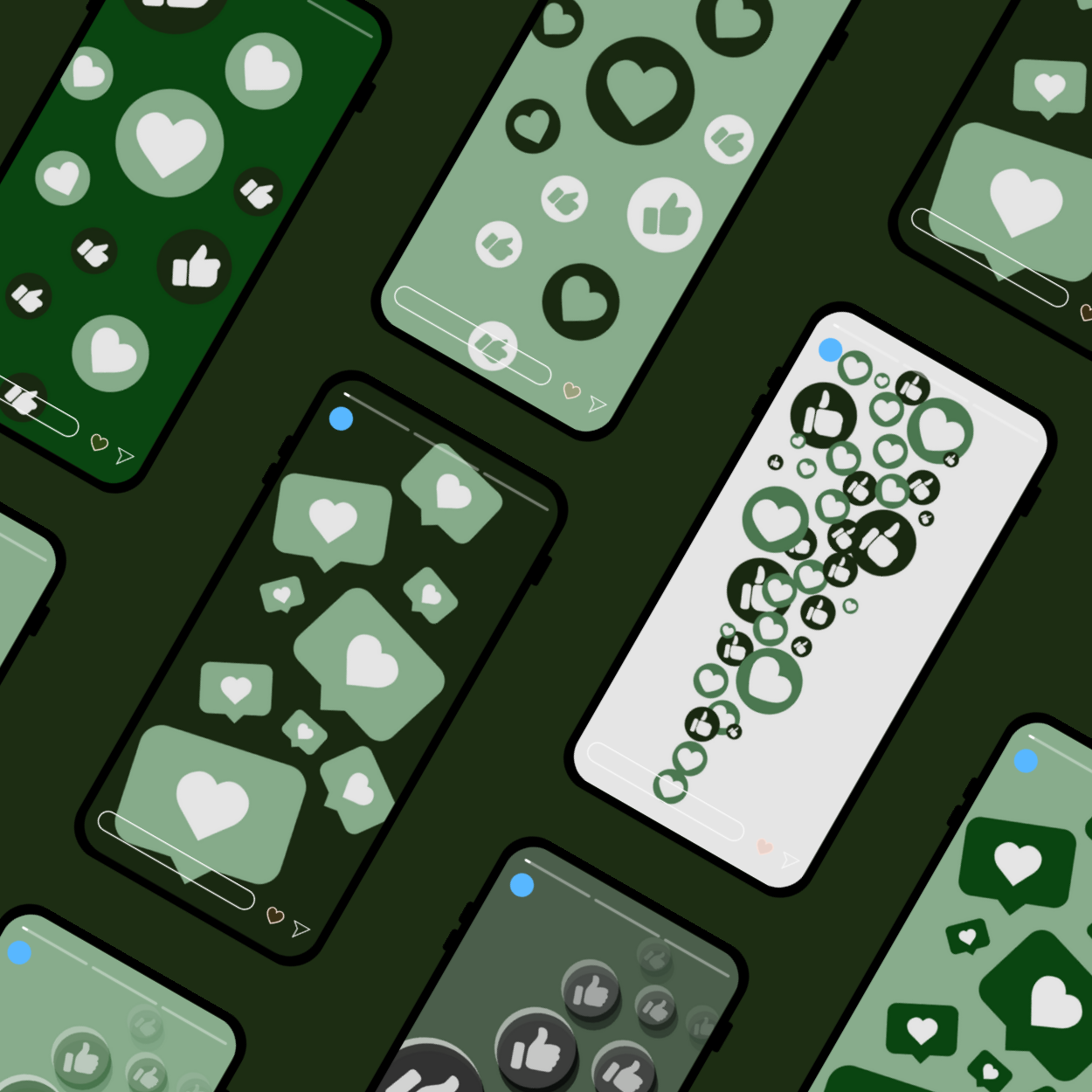 Image of cellphones on a green background with paid social reactions all over each screen