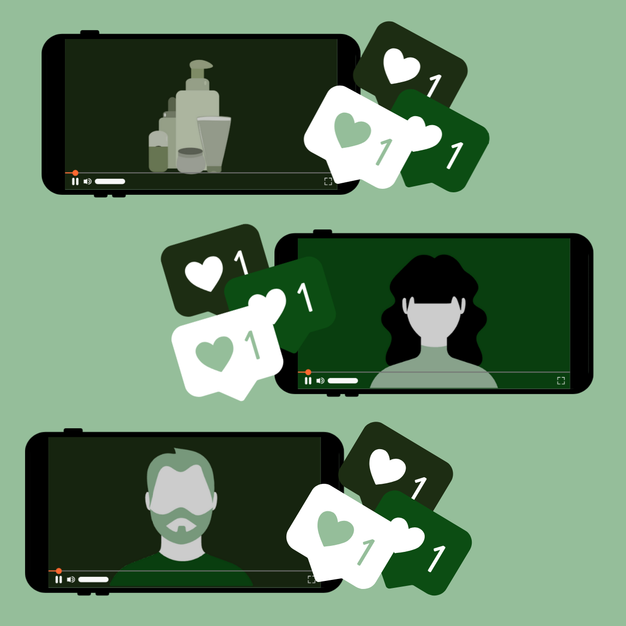 Image of multiple phones with carton UGC style imagery and paid social reactions over them